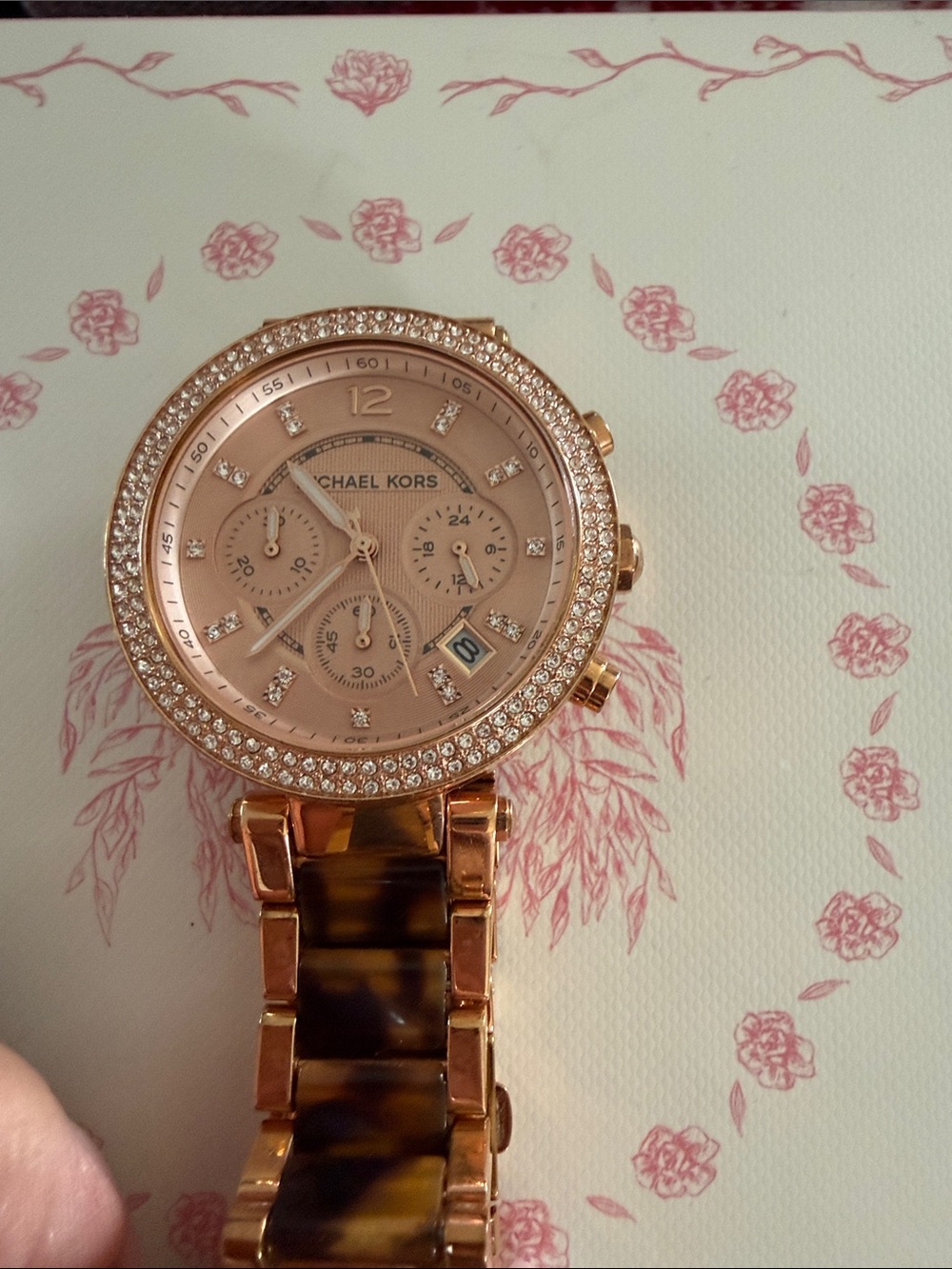 Michael Kors Rose Gold Watch with Tortoiseshell Bracelet and Crystal Bezel